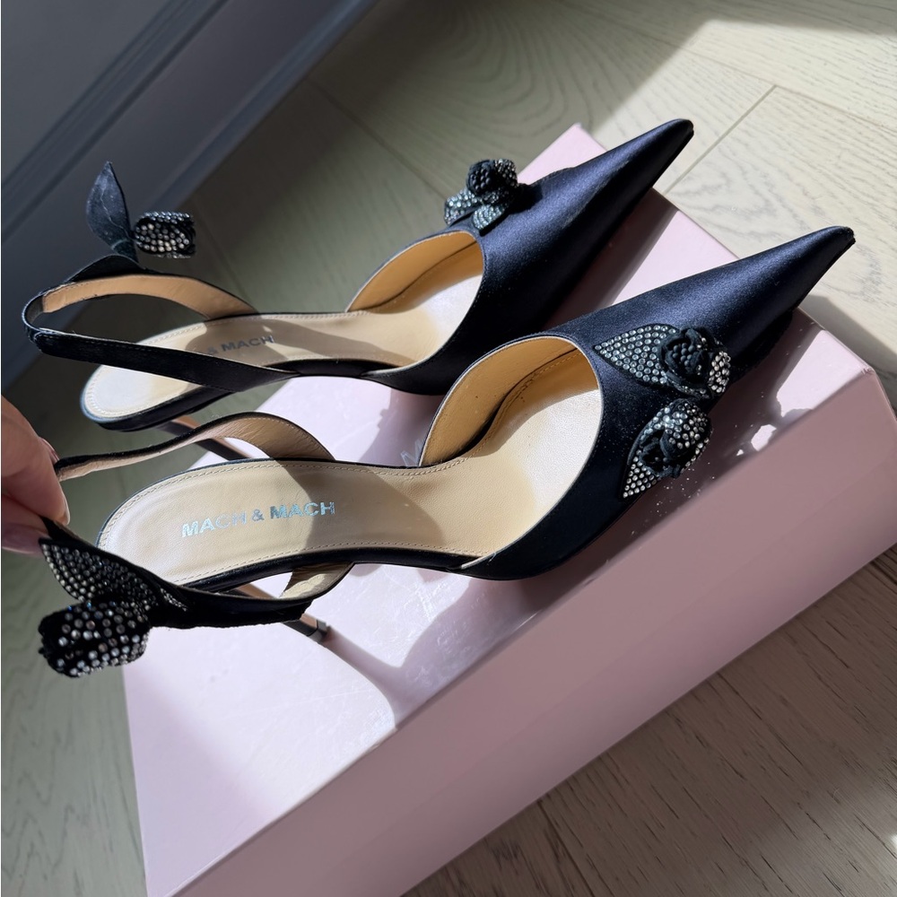 MACH & MACH Black Satin Pointed Slingback Heels with Crystal Bow Accents